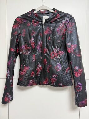 Guess Black Faux Leather Moto Jacket with Red & Purple Floral Print